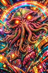 Fototapeta premium Abstract Cosmic Tentacle Monster with Glowing Eyes and Vibrant Colors