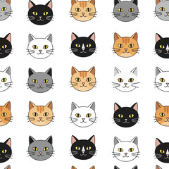 Fototapeta premium A repeating pattern of cartoon cat faces in various colors and stripes