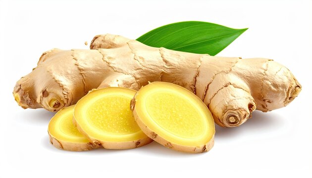 Fresh ginger root, slices, and a vibrant green leaf
