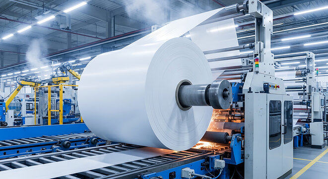 Large roll of white paper moving through industrial printing machinery on transparent background