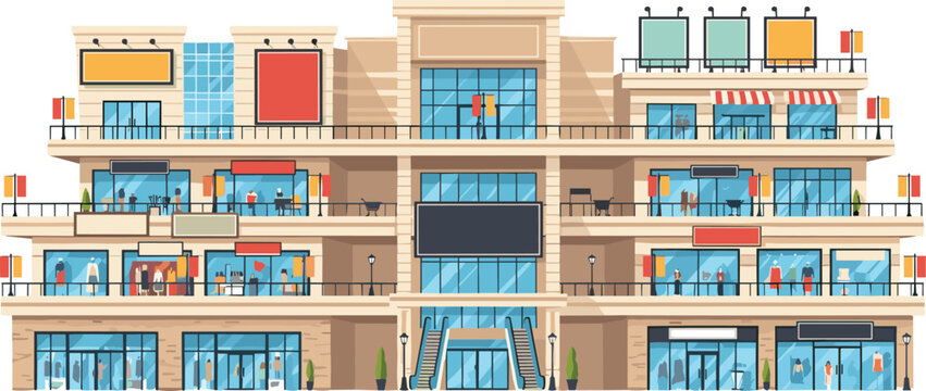 Modern Shopping Mall Building with Multiple Storefronts, Balconies, Advertising Billboards and Urban Retail Architecture Vector Illustration