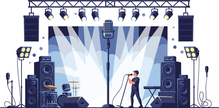 Live Music Concert Stage Setup with Singer, Microphone, Speakers, Lighting and Band Instruments Performance Vector Illustration