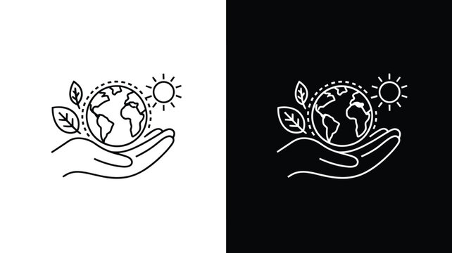 Eco friendly sustainability concept with hand holding earth line icon in light and dark mode design