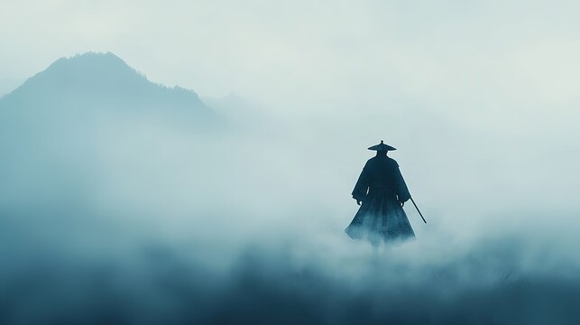 A lone samurai walking through dense fog enigmatic landscape dramatic atmosphere peaceful viewpoint spiritual journey