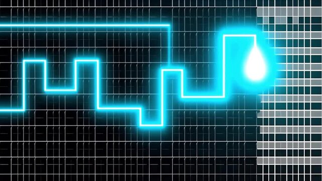 Cyan circuit path on dark microchip grid for tech engineering