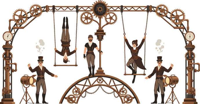 Steampunk Circus Performers with Mechanical Gears, Acrobats, Strongman and Vintage Industrial Stage Fantasy Vector Illustration