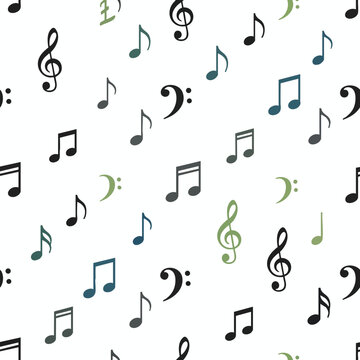 Seamless pattern of black, green, and blue musical notes