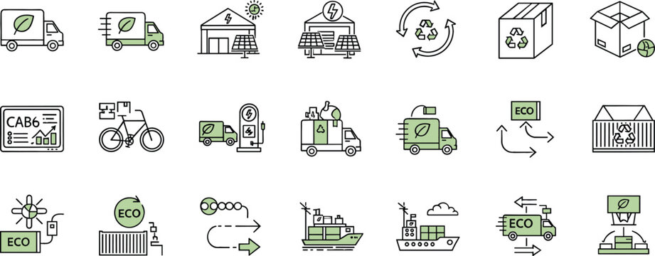 Eco friendly logistics and green transportation line icon set featuring electric delivery trucks, recycling boxes, sustainable shipping and eco supply chain