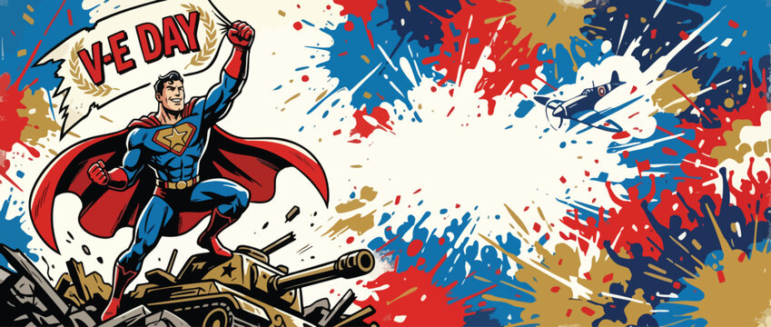 Victory Day Superhero with Tank and Airplane Celebrating Military Triumph