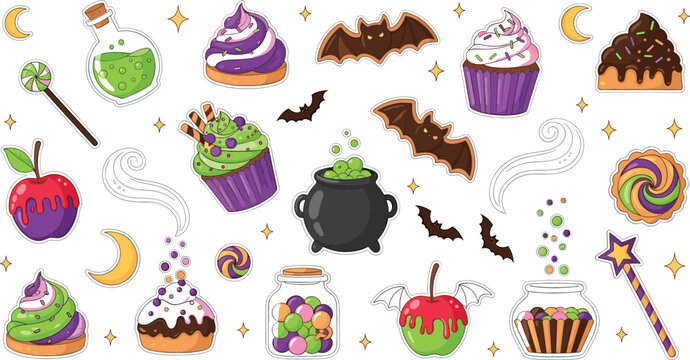Cute Halloween sweets and magic treats vector set featuring cupcakes, candy apples, cauldron potion, lollipops, bats and spooky dessert illustrations