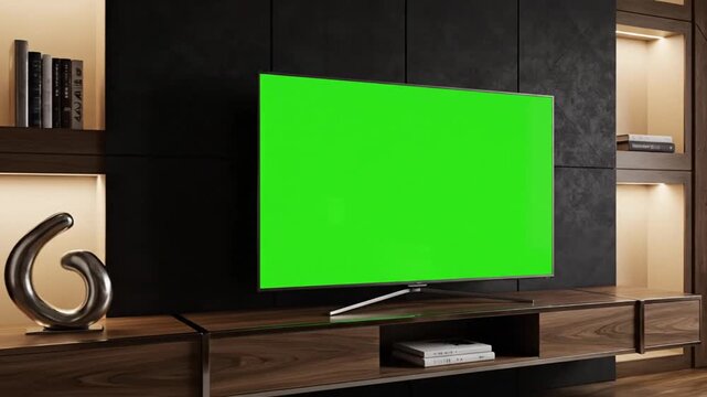 Modern living room with a large flat-screen television displaying a vibrant green chroma key screen