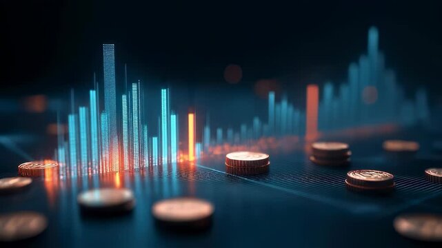 3D infographics for business presentation with neon glowing charts, bars and pie diagrams.