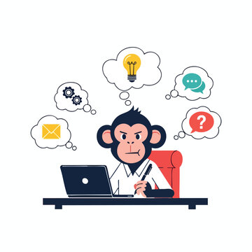 Thinking monkey at desk with laptop and thought bubbles idea, mail, gears, chat, question
