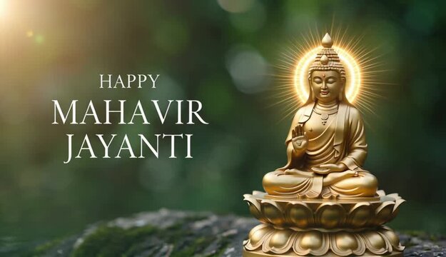 Mahavir jayanti spiritual celebration with golden meditation statue in peaceful forest light symbolizing jain wisdom compassion nonviolence devotion enlightenment and harmony