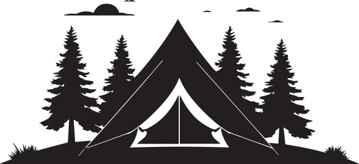 Black and white illustration of a tent in a forest at sunset with pine trees © raja