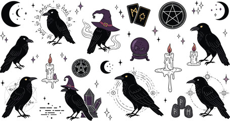 Fototapeta premium Mystical raven and witchcraft elements vector set with black crows, candles, moon phases, crystals, pentagram and gothic occult magic symbols