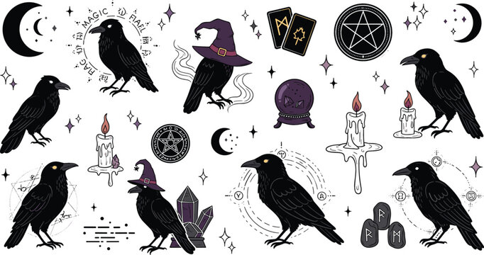 Mystical raven and witchcraft elements vector set with black crows, candles, moon phases, crystals, pentagram and gothic occult magic symbols