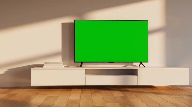 Modern living room with a sleek television featuring a vibrant green screen, perfect for showcasing custom content or video integration against a contemporary backdrop