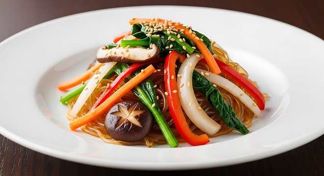 Traditional Korean Japchae Stir-Fried Glass Noodles with Vegetables and Shiitake Mushrooms on a White Plate