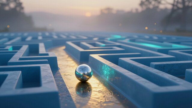 A reflective silver sphere navigates a blue maze at sunset, symbolizing strategic decision-making and leadership in business.