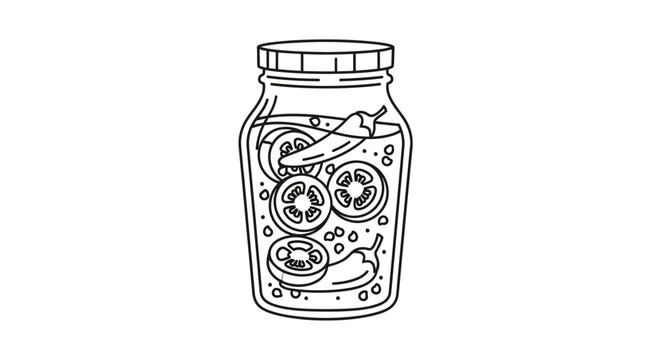 Hand-drawn illustration of pickled tomatoes and chili peppers in a jar