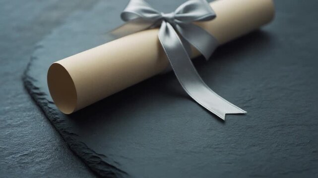 Rolled diploma or certificate tied with a grey ribbon