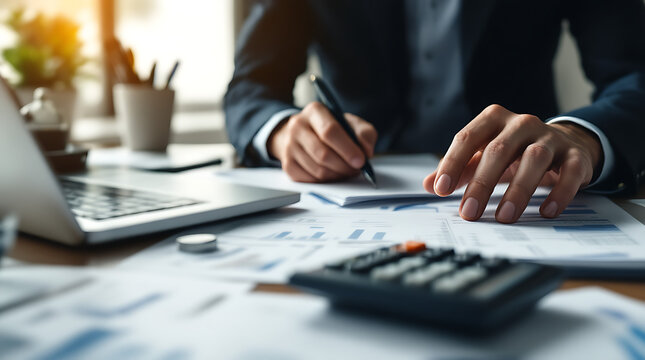 A businessman in a suit is meticulously reviewing financial documents and taking notes at his desk, with a laptop and calculator nearby.