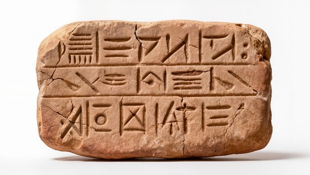 Ancient clay tablet with cuneiform writing isolated on white background
