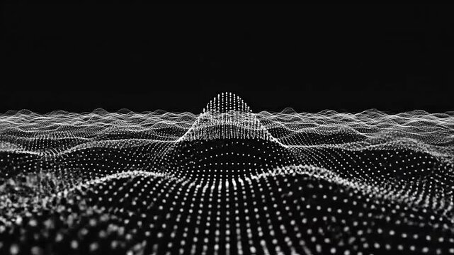 Abstract digital wave pattern formed by glowing particles on a dark background