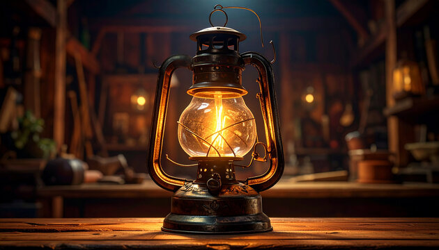 Antique kerosene lantern glowing with warm light on a wooden table in a rustic interior setting