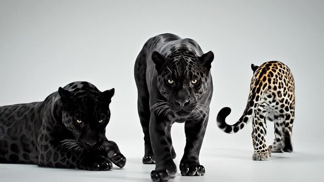 Three Majestic Leopards, Two Black Panthers and One Spotted Leopard, Posing Together in Studio