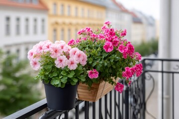Fototapeta premium Pink and fuchsia geraniums blooming on balcony railing