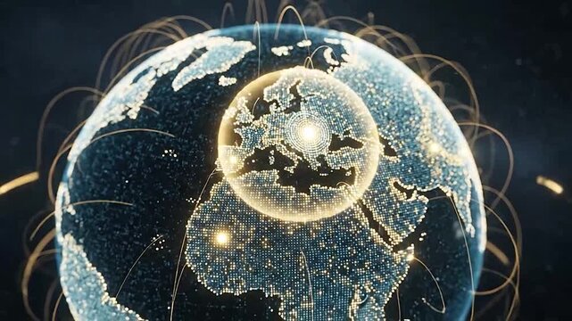 Glowing digital globe with interconnected data streams across continents
