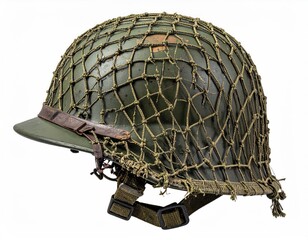 Fototapeta premium An olive green military helmet with netting and straps