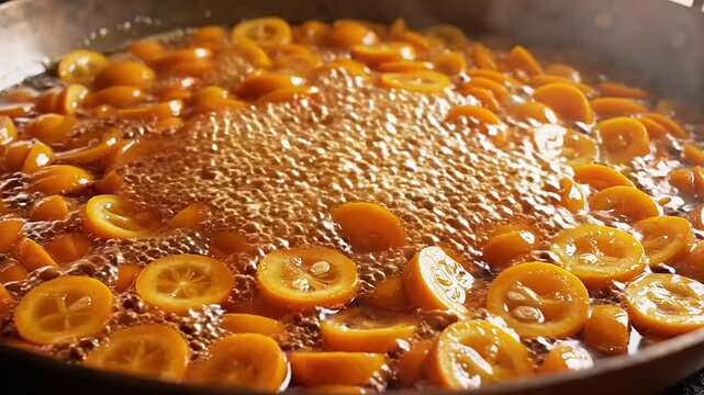 Bright orange kumquat slices are bubbling and simmering in a sweet, golden liquid within a cooking pan.