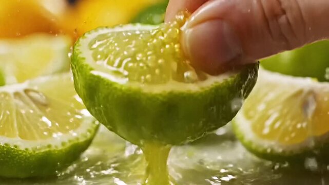 Close-up of hand pressing juicy green citrus segments, releasing intense aroma and vibrant flavor, perfect for culinary inspiration.