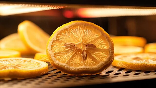 Close up of dehydrated lemon slices with crisp texture under warm lighting
