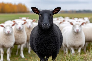 Fototapeta premium Black sheep standing out from white flock on farm