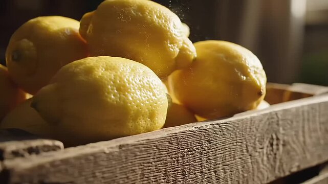Fresh Meyer Lemons Piled High in a Weathered Wooden Crate Bathed in Sunlight