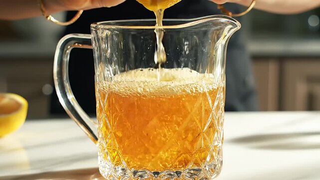 Fresh Meyer lemon juice being squeezed into a clear crystal pitcher, creating a refreshing beverage.