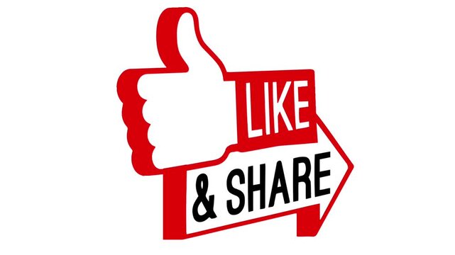 Animated like and share with thumbs up icon sliding smoothly into frame on a white background and green screen. End screen video template, channel, social media 