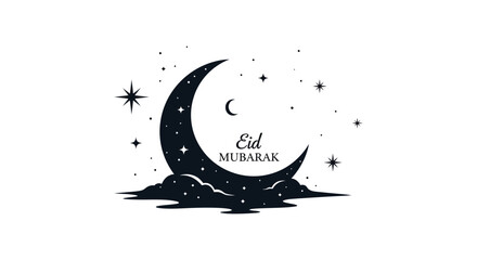 A crescent moon and stars with the text Eid Mubarak in a dark striking silhouette © Kuntol02