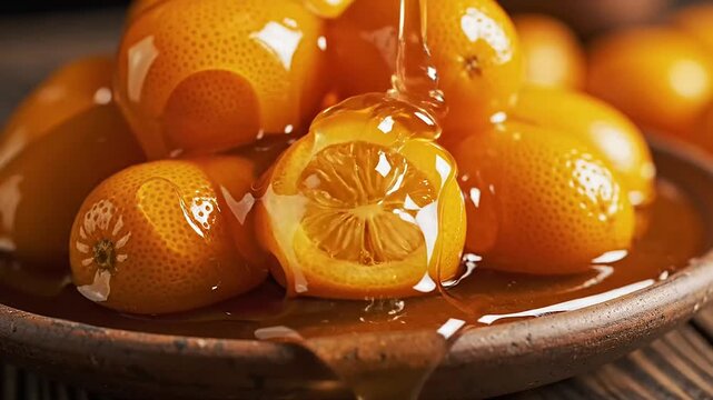 Juicy kumquats glistening with golden sugar syrup, creating a sweet and vibrant dessert topping.