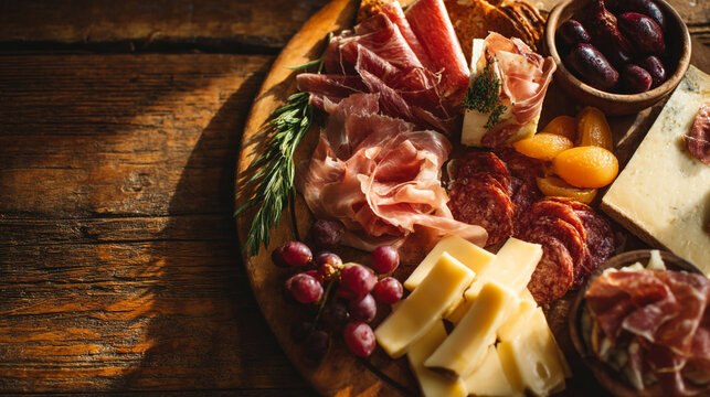 Delicious charcuterie board with cheese and meat on wooden table