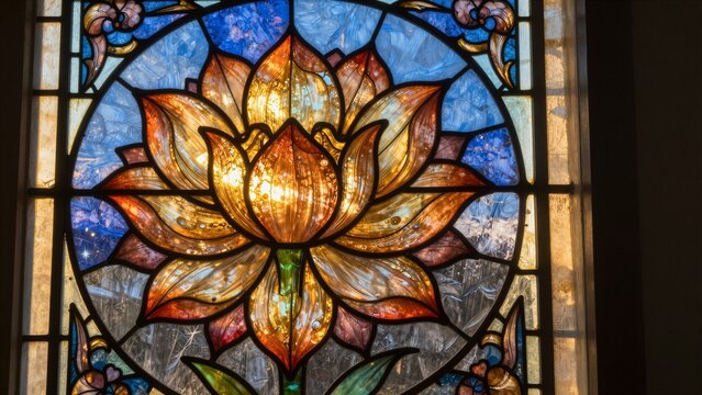 Close-up of a vibrant stained glass window featuring a central lotus flower with colorful petals and intricate details, illuminated by natural light.