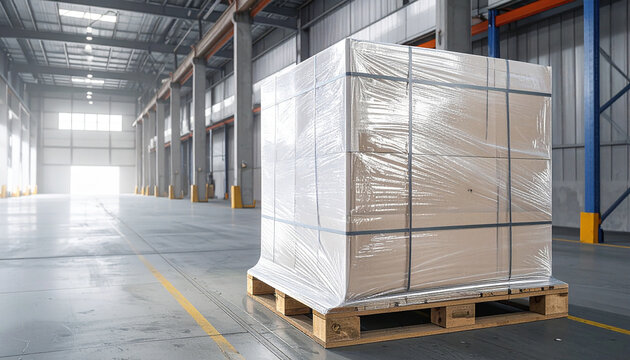 Stacked cardboard boxes on a wooden pallet wrapped in clear plastic shrink wrap in a large empty warehouse 