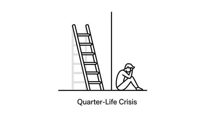 Sad Person Sitting Under Ladder, Quarter-Life Crisis Concept
