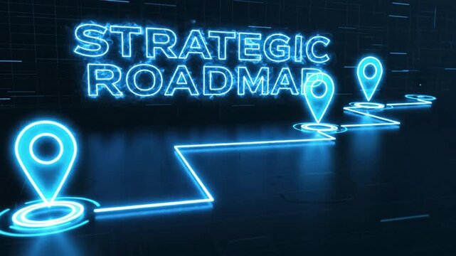 Futuristic strategic roadmap animation with neon location pins and navigation paths for business and technology concepts