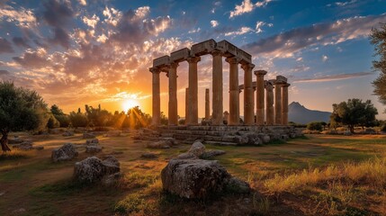 Obraz premium View of the Temple of Zeus at Euromos during sunset with ancient architecture and nature in the background