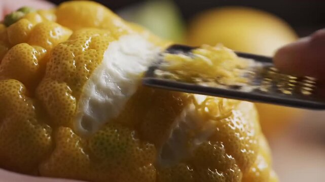 Meticulously shaving zest from a Buddha's hand citron for culinary use, close-up view